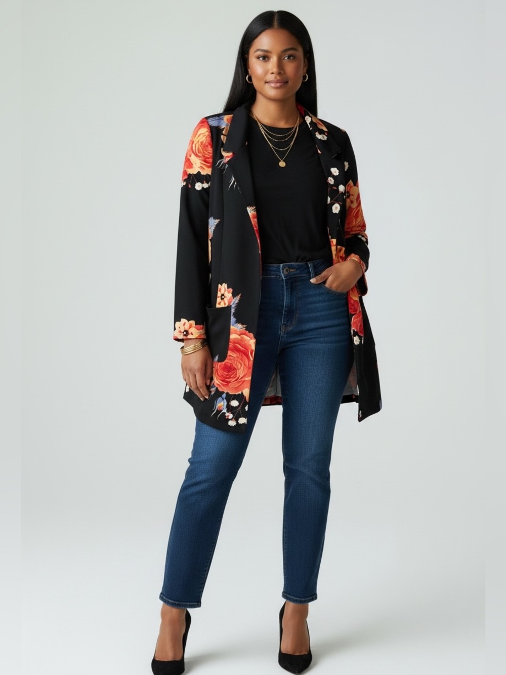 Black Floral Open Front Blazer with Red Rose Print